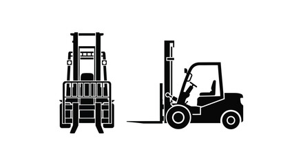 Two black forklift trucks depicted in a striking graphic silhouette