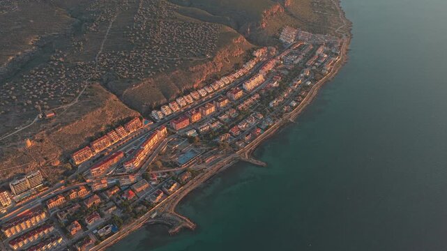 Aerial view of santa pola coastline at sunset