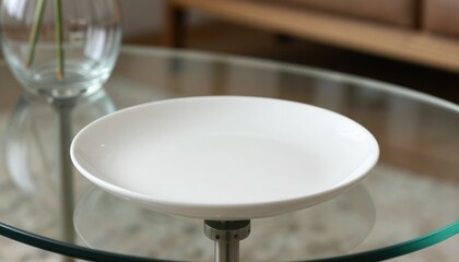 Simple white plate on glass table minimalist dining setup modern home calm atmosphere