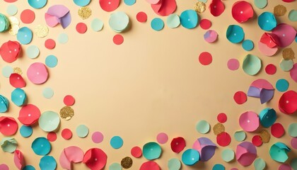 Fototapeta premium Colorful paper circles and shapes scattered on a light beige background. Flat lay view of festive confetti creating a vibrant abstract pattern. Bright decoration elements for celebration design.