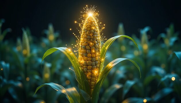 Glowing corn on the cob in magical field at night