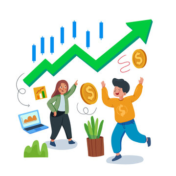 Happy People Celebrating Financial Growth and Successful Stock Market Investment with Green Upward Arrow and Bullish Candlestick Charts