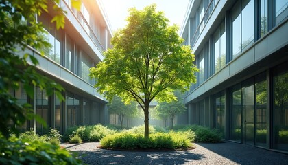 Naklejka premium Modern office building courtyard with mature tree and rich green plants. Reflective glass facades contrast with natural elements, suggesting eco-friendly architecture and urban sustainability.