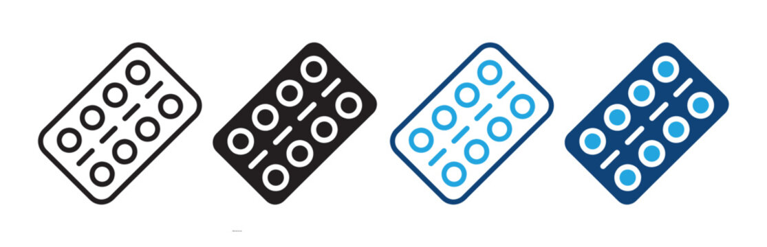 Blister Pack Pills Icon Set Medication Tablet Packaging Line and Solid Medical Symbols