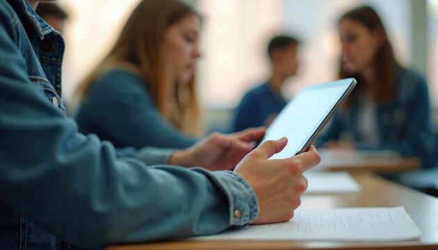 Student holds tablet device in classroom. Other students learn at desks. Digital learning in modern school. Young people use tech for study. Focused individual on lesson.