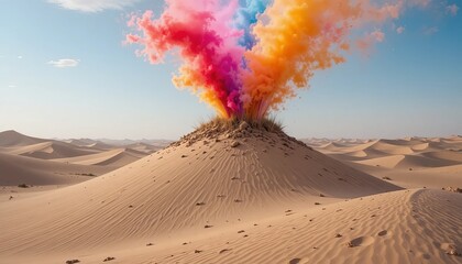 Fototapeta premium Vibrant colorful smoke explodes from desert sand dune