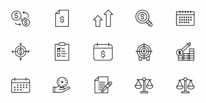 Collection of financial and business related line icons on white background