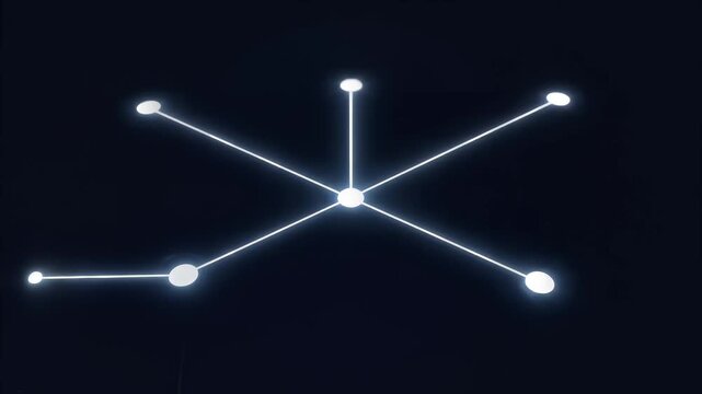 Abstract growing network animation, bright white glowing nodes connecting into a complex data structure on a dark background