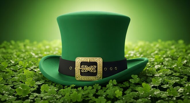 Green top hat with gold buckle on black strap, St. Patrick's Day symbol, clover background