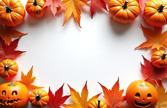 Halloween pumpkins and autumn maple leaves arranged on white background. Empty space for text invitation or greeting card. Festive fall season celebration decor.