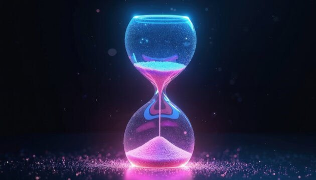 Abstract glowing hourglass with colorful particles flowing between bulbs. Modern digital art design represents time passage, future, and mystery on dark backdrop.