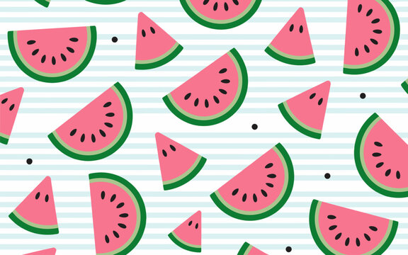 Seamless pattern of pink watermelon slices with black seeds a light blue striped background