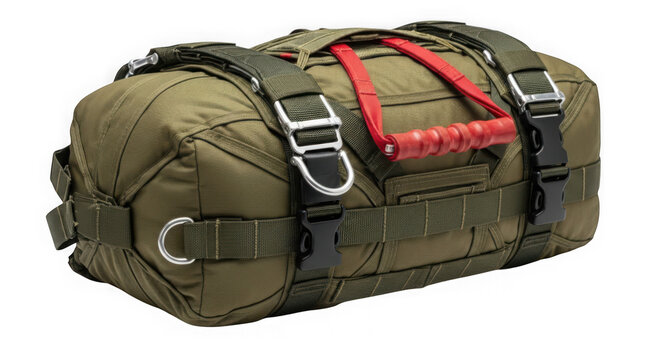 Olive green military duffel bag with red strap and buckles isolated on transparent background