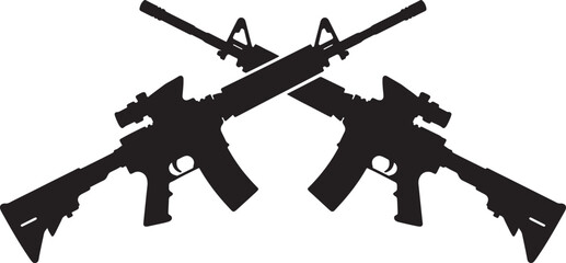 Two black assault rifles crossed over each other in silhouette also transparent background firearms guns