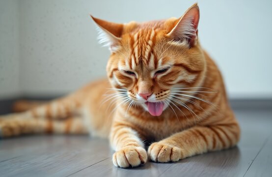 Ginger cat lies on floor, mouth open, pink tongue out. Feline appears unwell, possibly nauseous or gagging. Domestic pet looks weak, uncomfortable, needs vet attention.