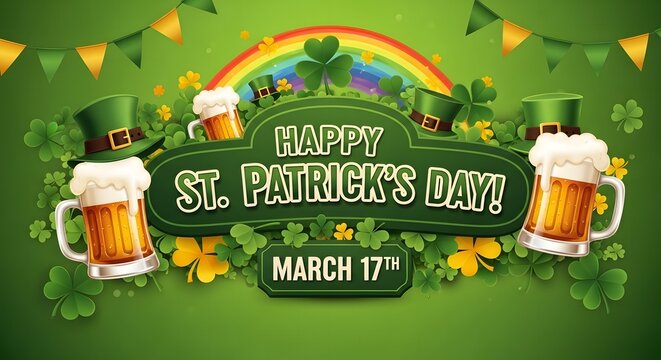 Happy St. Patrick's Day celebration with beer, shamrocks, and rainbow
