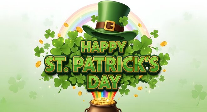 Happy St. Patrick's Day celebration with pot of gold, rainbow, and shamrocks