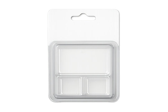 Empty clear plastic blister packaging container with hang tab