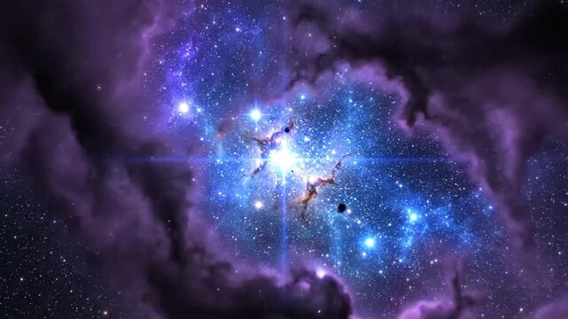Vibrant nebula with stars and purple clouds.