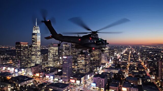 Military Helicopter Over City at Dusk - A military helicopter soars over a brightly lit city at dusk, its searchlight cutting through the night sky.