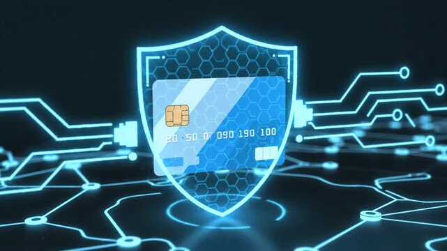 Secure credit card transaction with digital shield and circuit board background, representing online payment security and data protection.