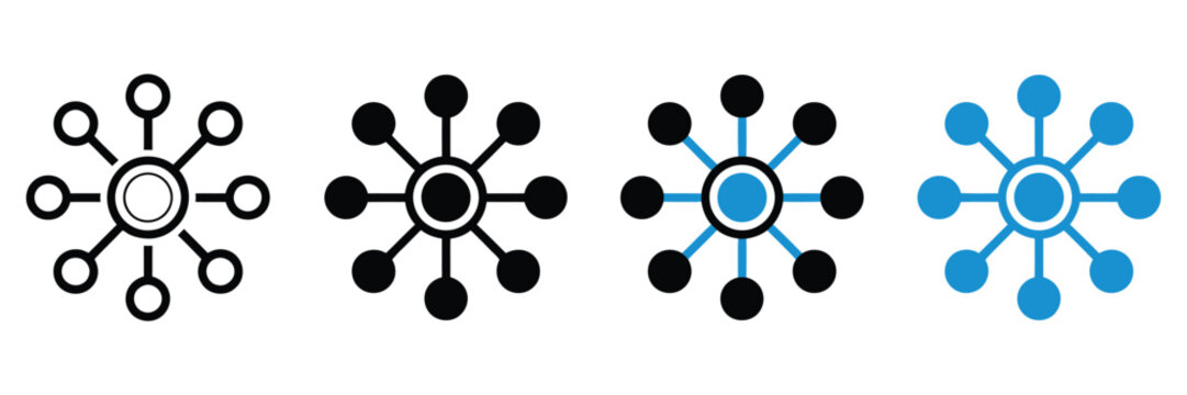 Central hub and spoke network connection diagram icon, minimalist vector set with black and blue line and filled styles