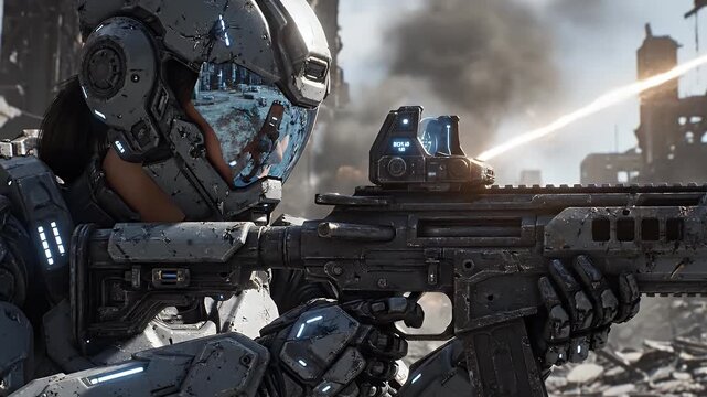 Armored Soldier Aims Rifle - A soldier wearing futuristic advanced armor aims a high-tech rifle amidst the ruins of a war-torn urban landscape.