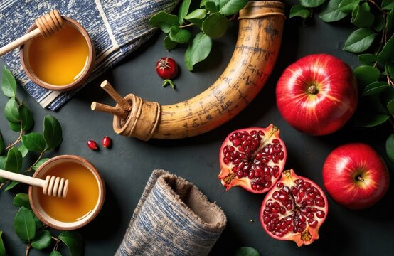 Jewish holiday Rosh Hashanah symbols include apples, honey, pomegranate, and shofar. Food and ritual objects arranged for celebration and reflection on new year.