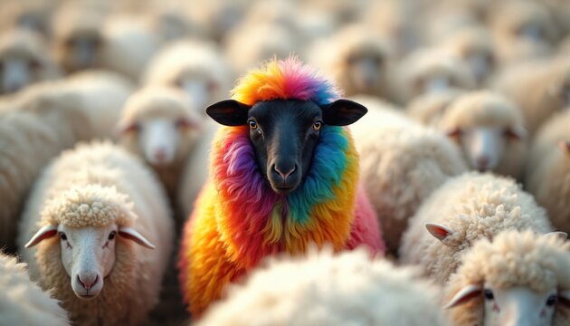 Black sheep with rainbow colored wool stands out in white flock. Individuality, acceptance image represents neurodiversity, uniqueness. Highlights beauty of difference in community.