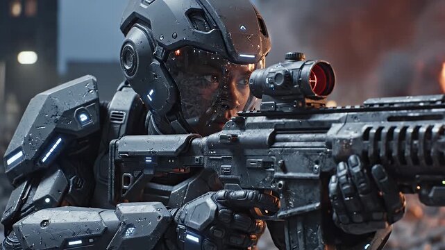 Armored Soldier Aims Rifle - A soldier wearing advanced armor intensely aims a rifle with a red dot sight. The scene is set against a blurred urban backdrop suggesting a military-themed conflict.