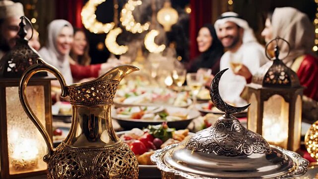 Festive Arab family dinner with ornate Ramadan decorations and food