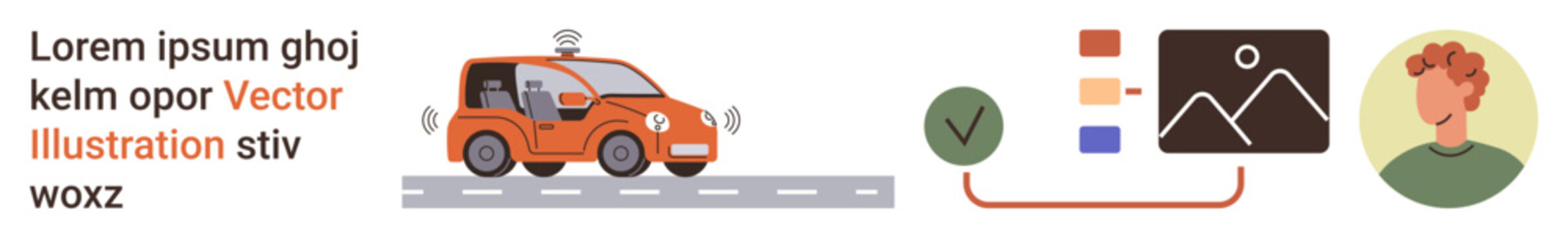 Self-driving cars, project planning, graphic design, creative workflow, user profiles, automation. ion includes an orange self-driving car, design elements and profile icon. Self-driving cars