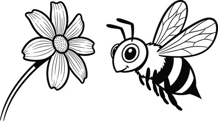 A black and white illustration of a bee flying towards a flower with six petals on a plain background