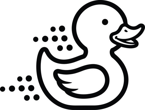 A simple line drawing of a smiling rubber duck with water droplets around it in a playful cartoon style illustration