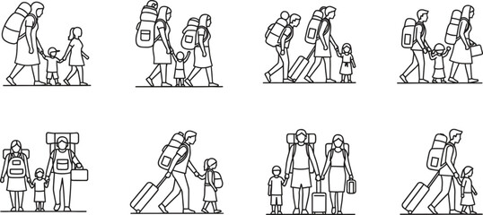 Diverse set of family travel illustrations showing parents and a child with luggage like backpacks and suitcases in a minimalist line art style ideal for journey vacation and migration themes © Muhammad