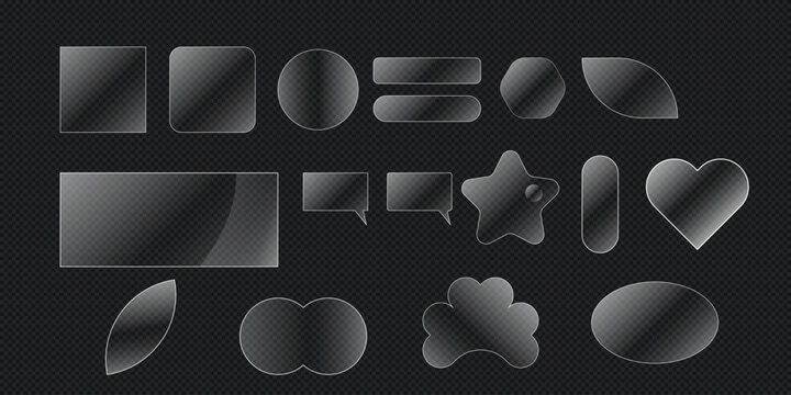 Modern transparent glass UI shapes collection isolated on transparent background. Set of glossy glassmorphism interface elements including square, rounded square, circle, oval, star, heart, speech bub