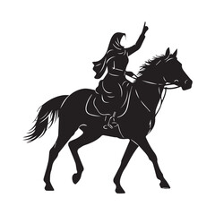 Obraz premium A woman in a headscarf riding a horse and pointing upwards with her hand