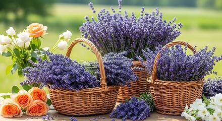 Fototapeta premium Fresh lavender flowers in wicker baskets surrounded by other blooms in a serene outdoor setting