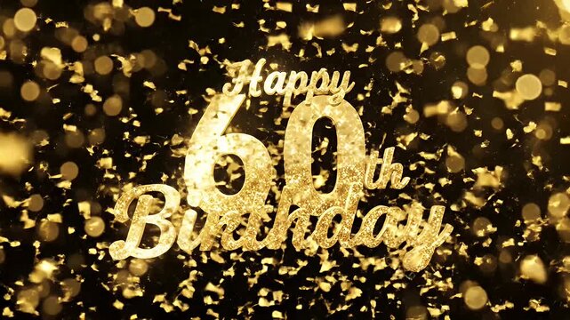 Happy 60th Birthday gold glitter text on dark bokeh background