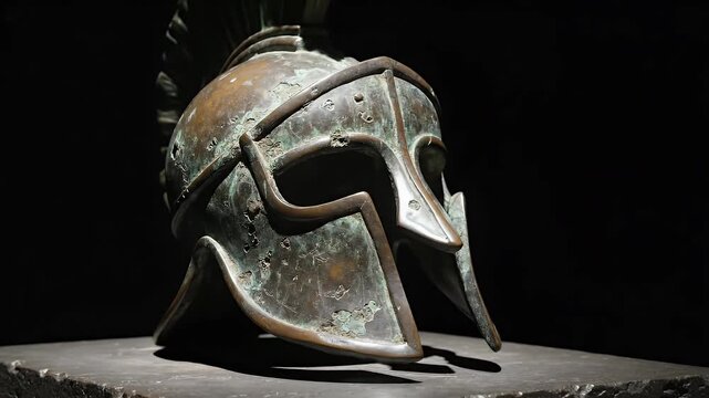 Ancient Bronze Helmet Close-up - A close-up studio shot shows an ancient bronze helmet with a dark background and dramatic lighting. The helmet exhibits weathering and an aged patina.