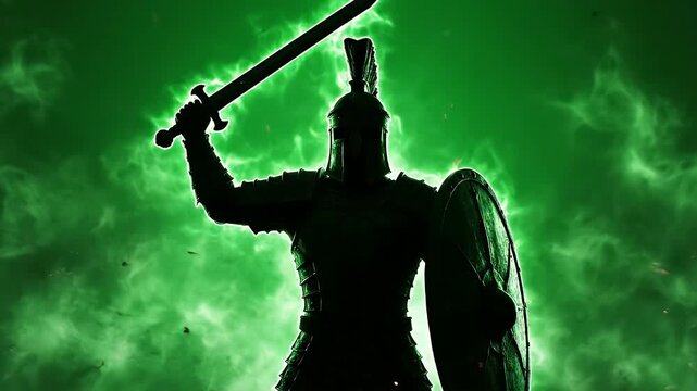 Silhouette of Ancient Warrior in Green - This video shows the silhouette of an ancient warrior, clad in armor and wielding a sword and shield, set against a dramatic green backdrop with smoky effects.