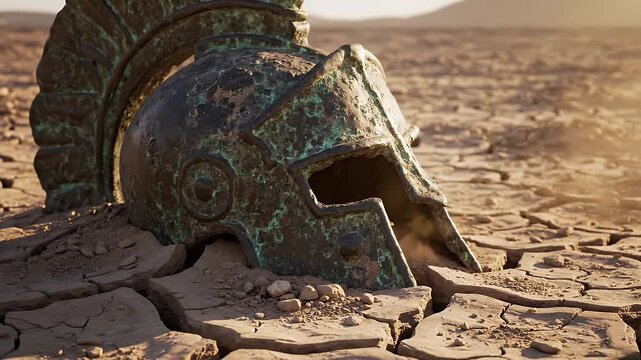Ancient Helmet in Cracked Earth - A weathered, bronze helmet, possibly ancient, rests partially buried in dry, cracked earth.