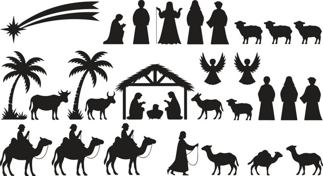 A comprehensive collection of black silhouettes depicting various characters and elements from the Nativity story
