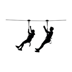 Silhouette of two people ziplining on white background © eiparoy