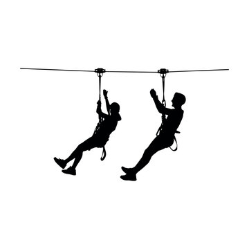 Silhouette of two people ziplining on white background