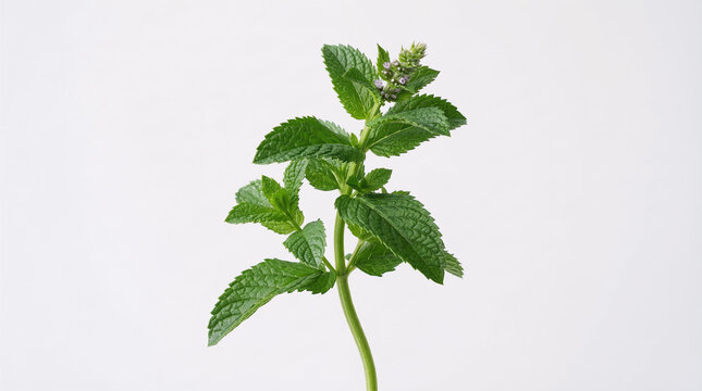 A single stem of fresh mint plant with green leaves and small flowers against a plain white background