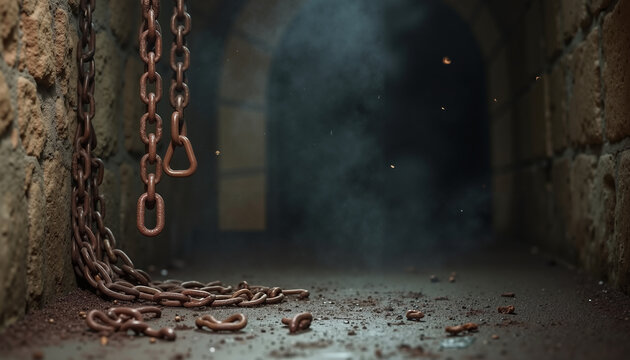Abandoned stone tunnel with rusty chains and smoke drifting  