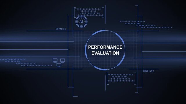 A high-tech digital interface featuring a central circle with performance evaluation text, surrounded by data streams, AI symbols, and futuristic HUD elements in a dark blue technological aesthetic.