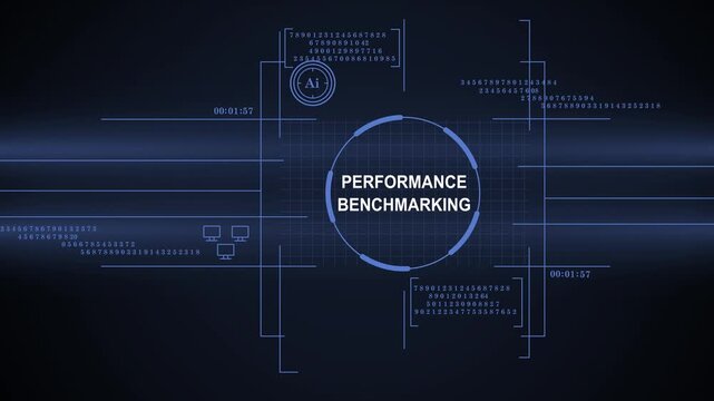 A high-tech digital interface displaying performance benchmarking text surrounded by glowing blue HUD elements, data numericals, and AI symbols on a dark futuristic background.