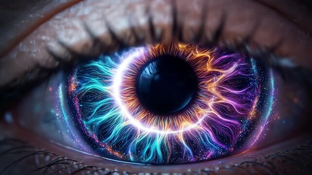 Cosmic Eye: Vibrant human iris, glowing abstract patterns in blue, orange, purple, representing enhanced vision, perception.